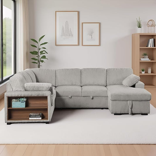 ERYE Oversized U-Shaped Pull Out Sleeper Couch Bed, Modern U Shaped Sleeper Sectional Sofa Corduroy Corner Convertible Sofa Bed with Storage Chaise Lounge and Cabinet