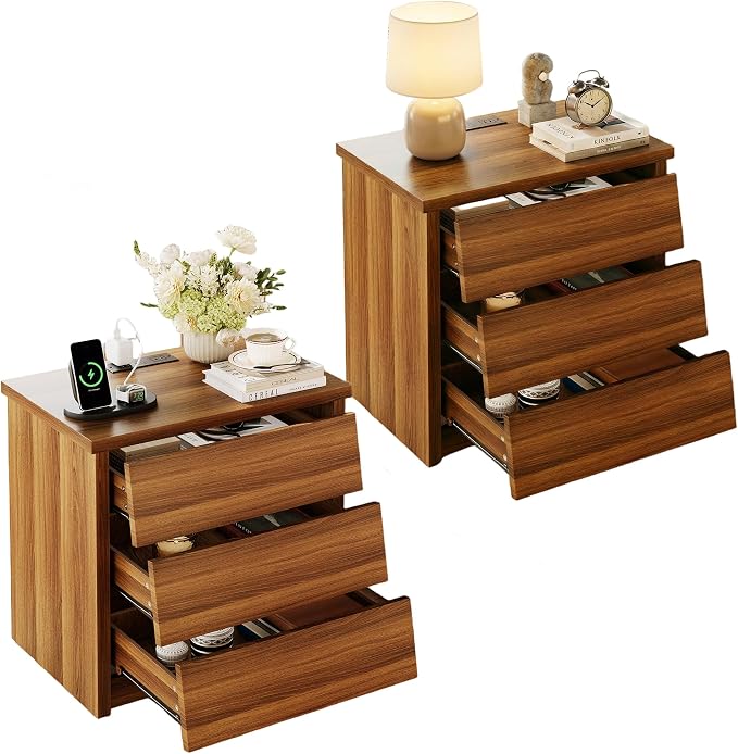 23" Wide Nightstand Set of 2 with Charger Station, Modern Night Stand with 3 Drawers, Wood End Table with USB Ports and Outlets, Storage Bedsides Table for Bedroom, Hallway (Walnut) by KNOWORLD