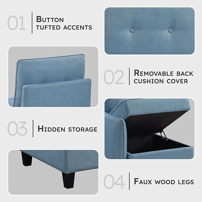 Lexicon Modern Loveseat with Hidden Storage, Textured Fabric Modular Love Seat with Button-Tufted Design, Reversible Back Cushion for Living Room/Bedroom/Office, Blue