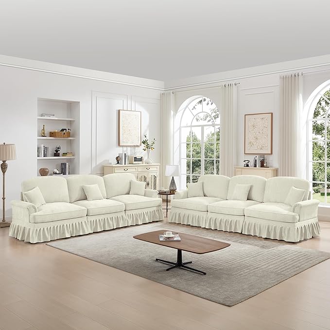 KEIKI Mid Century Modular Sofa with Flared Arms and Skirted Design, 107” Oversized 3-Seater Chenille Sectional Couches Set for Living Room, Modern Comfortable for Living Spaces, Beige White