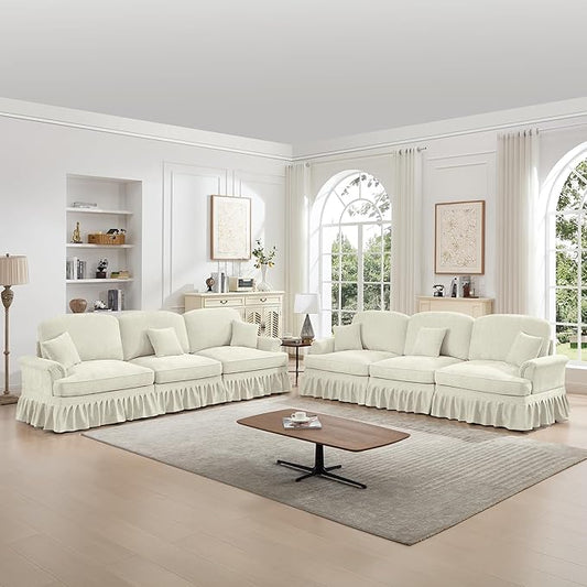 KEIKI Mid Century Modular Sofa with Flared Arms and Skirted Design, 107” Oversized 3-Seater Chenille Sectional Couches Set for Living Room, Modern Comfortable for Living Spaces, Beige White