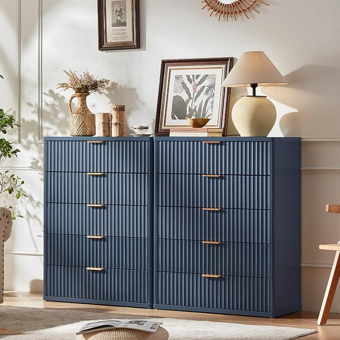LEYAOYAO Fluted 5 Drawers Dresser Set of 2, 41" Tall Modern Chest of Drawers with Metal Handle, Curved Profile Dresser TV Stand, Wooden Drawer Organizer for Bedroom, Living Room, Hallway, Navy Blue by LEYAOYAO-Findtheshiningpointofyourideallife%EF%BC%81