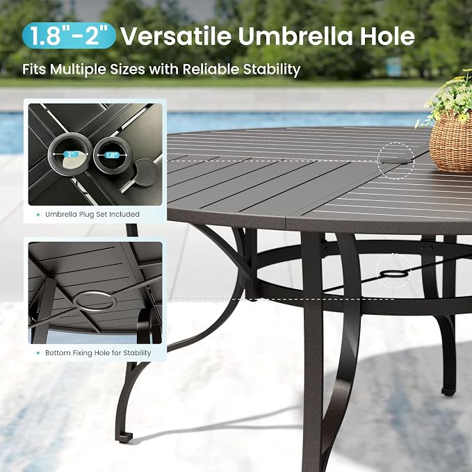 PHI VILLA 67" Outdoor Round Table for 8, Large Metal Wrought Iron Patio Dining Table with Umbrella Hole, All Weather Furniture for Outside Deck, Yard, Porch - Black - Image 7