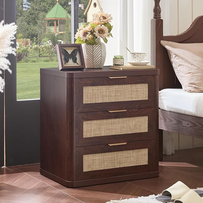 LEYAOYAO Rattan Night Stand with Charger Station, 23" Large 3 Drawer Boho Nightstand, Walnut Bedside Table Storage Cabinet, Bed Side End Tables for Bedroom, Living Room, Hallway - Image 3