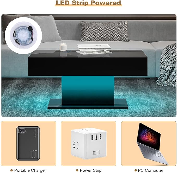 Led Coffee Table for Living Room, Living Room Table Rectangular Center Table, Modern High Glossy Wooden Coffee Tables with 16 Colors LED Lights for Dining Reception Room, Black