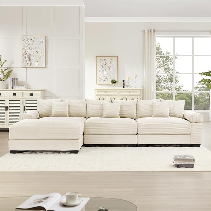 KEIKI 130" L-Shaped Oversized Corduroy Modular Cloud Sectional Sofa with 1 Ottoman, High-Density Foam Cushion, Extra-Thick Armrest, 3-Seater Fluffy Corner Couch with 9 Pillow, for Living Room, Beige