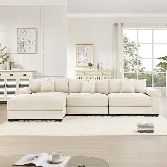 KEIKI 130" L-Shaped Oversized Corduroy Modular Cloud Sectional Sofa with 1 Ottoman, High-Density Foam Cushion, Extra-Thick Armrest, 3-Seater Fluffy Corner Couch with 9 Pillow, for Living Room, Beige