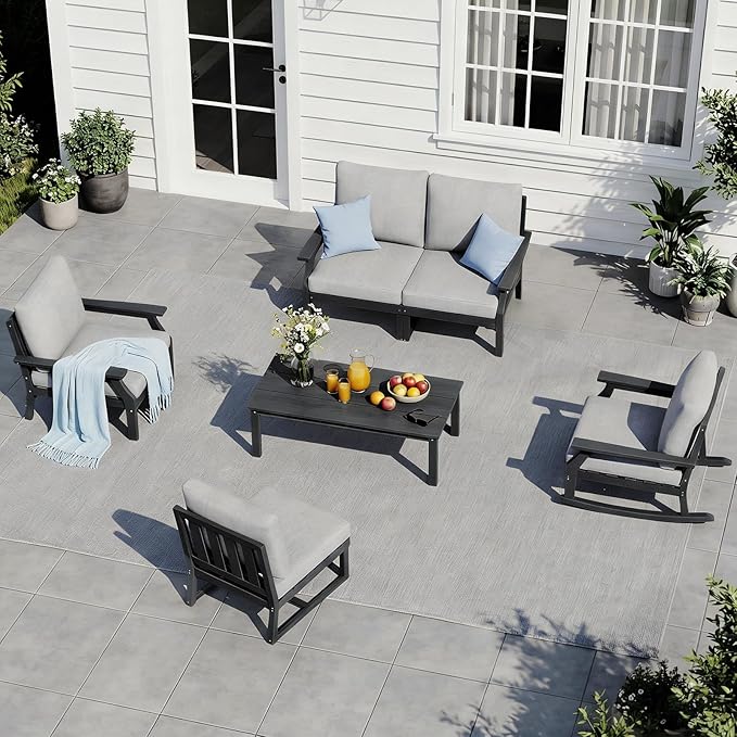 HDPE Patio Conversation Set, 6-Piece All Weather Outdoor Furniture Set with 1 Single Rocking Armchairs for Deck, Lawn, with Cushion, Black