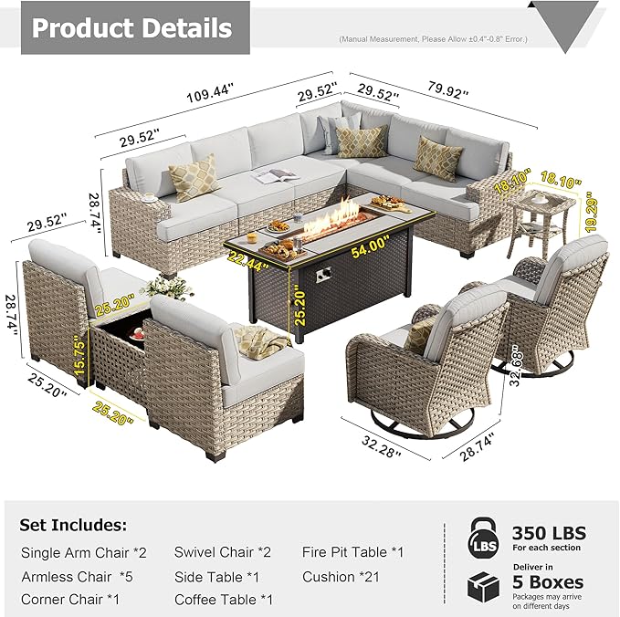 HOOOWOOO Outdoor Sectional Patio Furniture Set with Fire Pit Table,13 Pieces Wicker Conversation Sets L Shaped Couch,Extra Deep Out Door Sofa Outside Furniture with Swivel Rocking Chairs,Light Gray