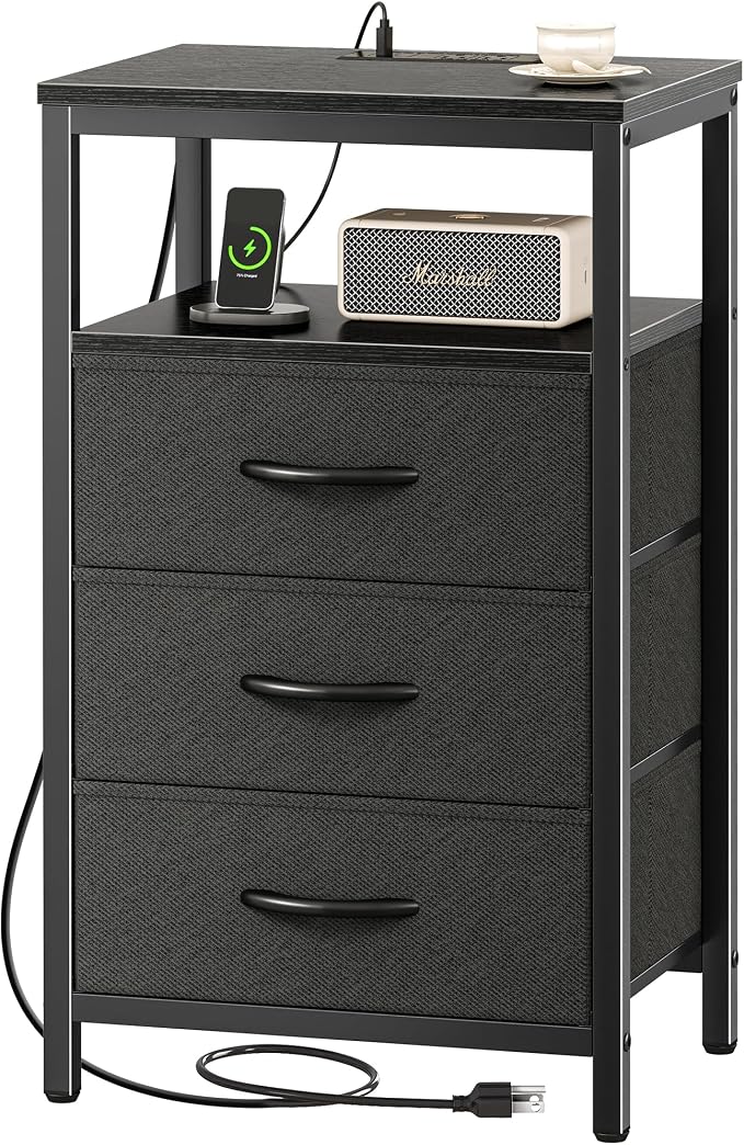 Huuger Nightstand with Charging Station, 27.6 Inch Side Table with Fabric Drawers, End Table Bedside Table with USB Ports and Outlets, Night Stand for Bedroom, Black - Image 9