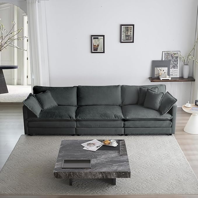 KEIKI Combination Sofa, Upholstered 3 Seater Couch, Oversized Sectional Sofa with Reversible Ottoman for Living Room Bedroom Office, Gray
