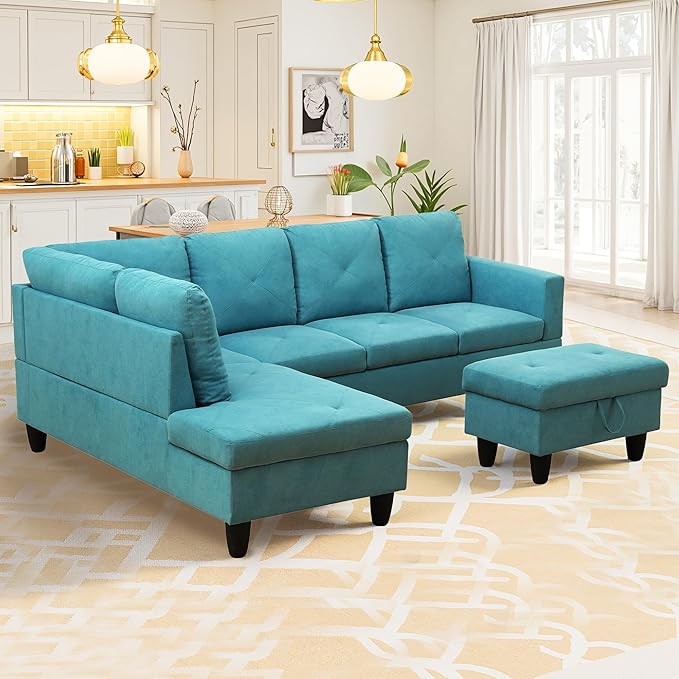 NicBex Modular L-Shaped Sectional Couches, 3-Piece Convertible Couch with Storage Ottoman, 4-Seat Comfy Sofa with Chaise for Living Room & Apartment, Aqua Blue