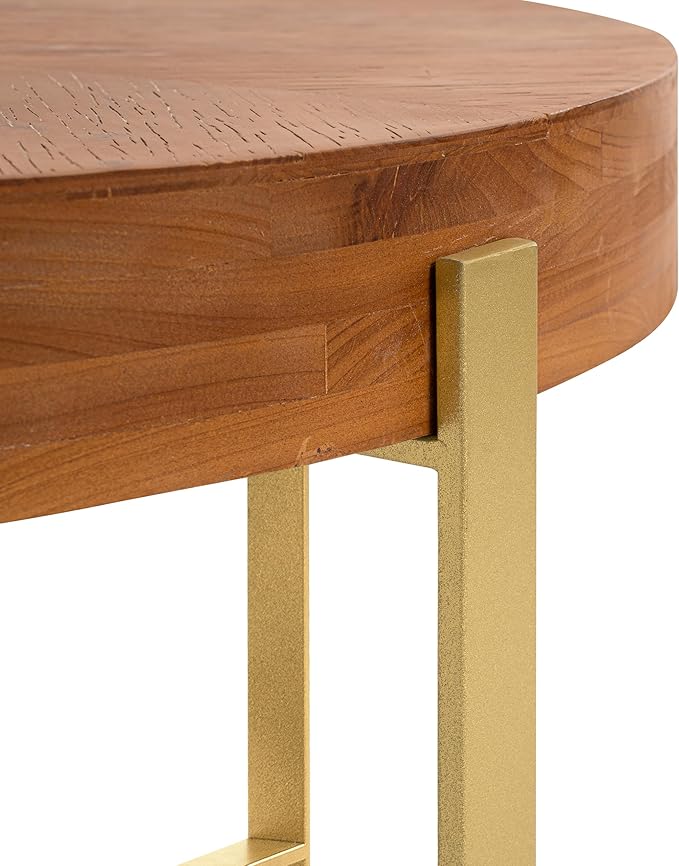 33.86" Round Coffee Table with X-Shaped Gold Metal Legs, Solid Wood Circle Table for Living Room, Retro Circular Table, Natural