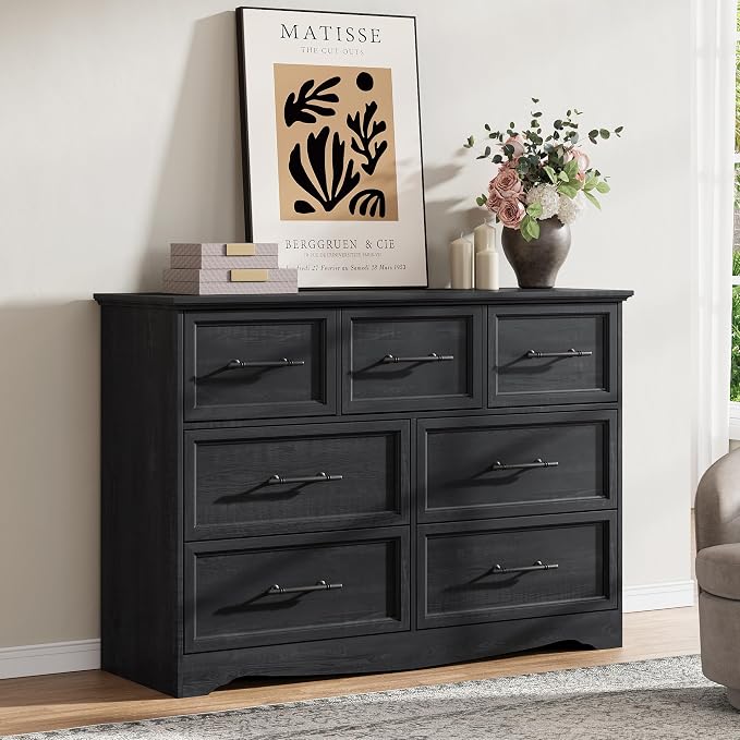 Black Dresser for Bedroom, Modern 7 Chest of Drawers, 47" Wide Chest of Drawers w/Brushed Metal Handle, Wood Closet Organizers and Storage Cabinet for Bedroom, Living Room, Hallway - Image 7