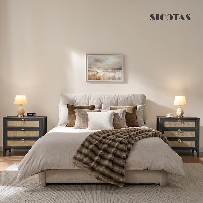 SICOTAS Night Stand with Drawers, Large Rattan Bedside Table with Golden Handle, 3 Drawers Nightstand Tall End Table Side Table Boho Nightstand for Bedroom - Image 7