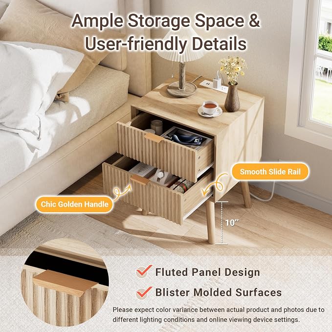 Fluted Nightstands Set of 2 with Charging Station and Solid Wood Legs, 18" Beveled Edges Night Stand, 2 Drawer Wood End Table w/Metal Handle, Modern Bedside Table for Bedroom, Natural Oak - Image 5