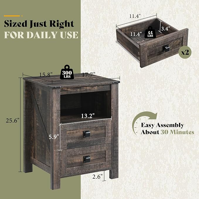 AMERLIFE 18" Farmhouse Nightstand Set of 2, Wooden Bedside Table with 2 Drawers & Open Shelf, Rustic End Table for Bedroom/Living Room, Black Oak - Image 2
