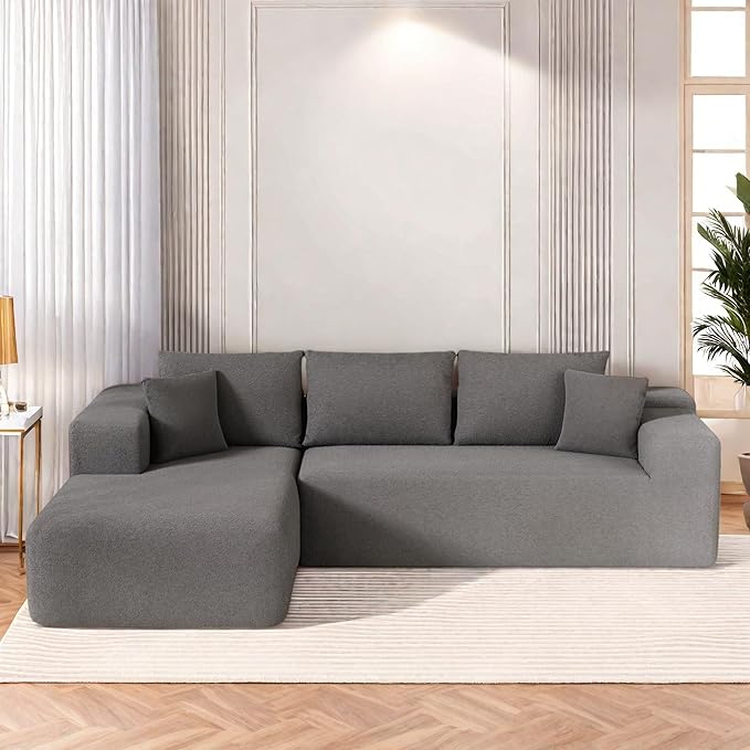 L-Shape Cloud Sectional Sofa, 104” Modern Modular Boneless Couch with Right Chaise Lounge, Compressed Floor Sofa with 5 Pillows & Deep Seat, Rain Drop Velvet Couch for Living Room, Light Gray