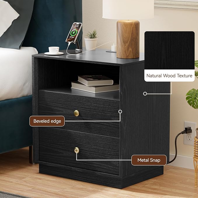 Black Nightstand with Charging Station Set of 2, Wide Bedside Table with 2 Storage Drawer and Open Wood Shelf, Night Stand for Bedroom, Side Table, End Table, Black - Image 4