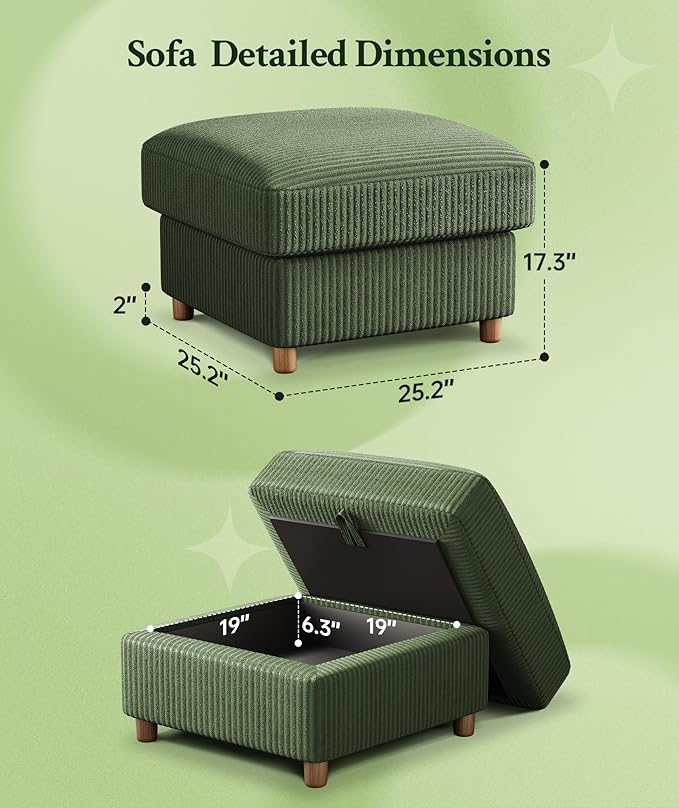 25.2" Couches for Living Room, Comfy Green Ottoman with Storage, Foot Rest Tool-Free Setup, Small Ottoman Foot Rest for Couch, Corduroy Couch for Bedroom, Apartment, Office