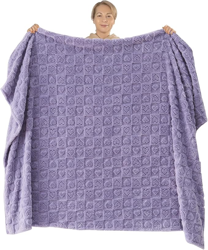 NEWCOSPLAY Super Soft Throw Blanket Lavender Premium Silky Flannel Fleece 3D Heart Checkered Lightweight Bed Blanket All Season Use (Lavender Heart, Throw(50"x70"))