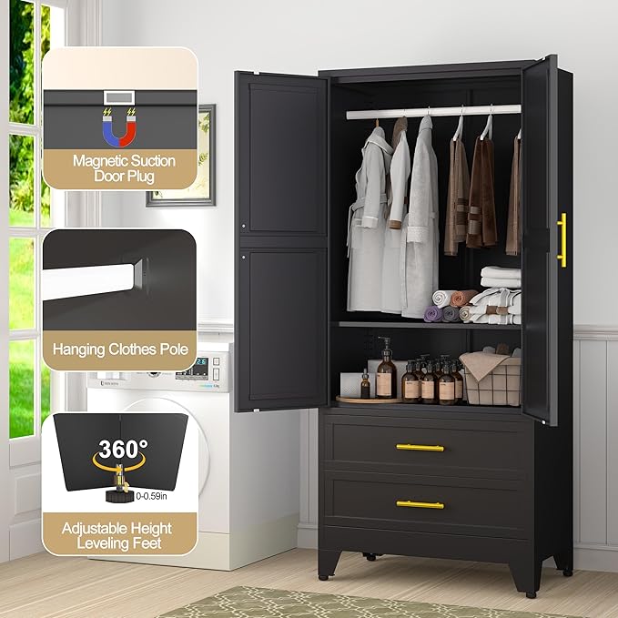 GAIOUS Steel Armoire Wardrobe Closet, 71" Metal Clothing Storage Cabinets with 2 Doors, 1 Adjustable Shelf and 2 Drawers, Metal Wardrobe Cabinet with Hanging Rod for Bedroom, Gym, Cloak Room (Black)