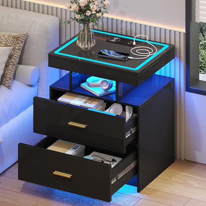 LED Nightstand with Wireless Charging Station,Black Night Stand with 2 Drawers,Glass Top Smart Bedside Table,Modern End Table Side for Bedroom,Living Room,Office by MDGC
