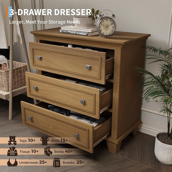 GAOMON 3 Drawer Dresser for Bedroom, Brown Wood Chest of Drawers Bedroom Dresser, Rustic Small Drawers Dressers Nightstand Wooden Closet Storage Cabinet for Living Room - Image 4