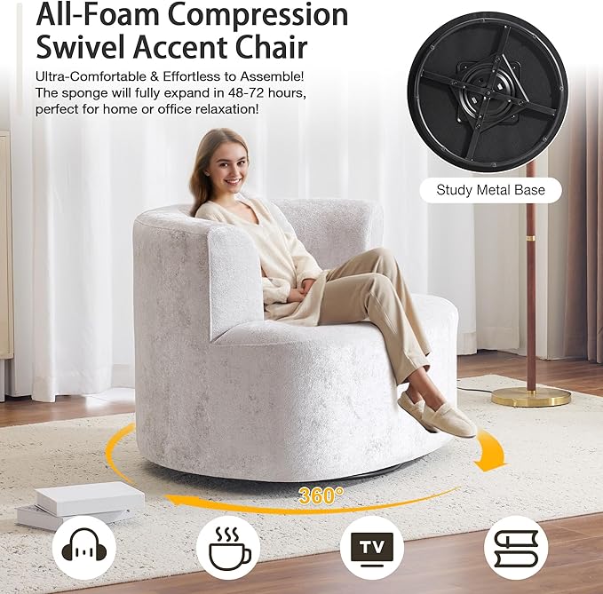 Oversized Swivel Accent Chair, Modern Curved Back Single Sofa Chair, Comfy All-Foam Compression Upholstered Round Armchair with Pillow,Cozy Chenille Barrel Chair for Living Room,Bedroom(Beige)