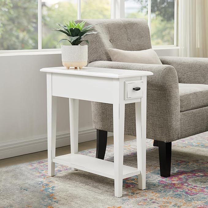 Leick Home Haven Ridge Narrow End Table, Solid Wood, with Drawer and Shelf, for Living Room and Small Spaces, Farmhouse White, 214361