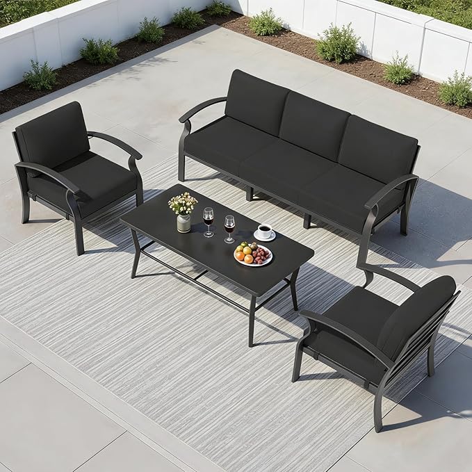 Aluminum Outdoor Patio Furniture Set,5 Seats Patio Conversation Sets with Rectangular Coffee Table,Metal Patio Sectional Furniture Set with 5.1" Thickened Cushions,Black