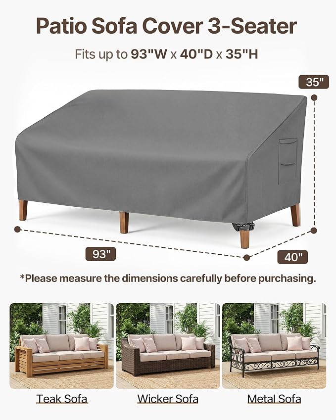 Vailge Heavy Duty Patio Sofa Cover, 100% Waterproof 3-Seater Outdoor Sofa Cover,Lawn Patio Furniture Covers with Air Vent and Handle,93" Wx 40" Dx 35" H,Grey - Image 2