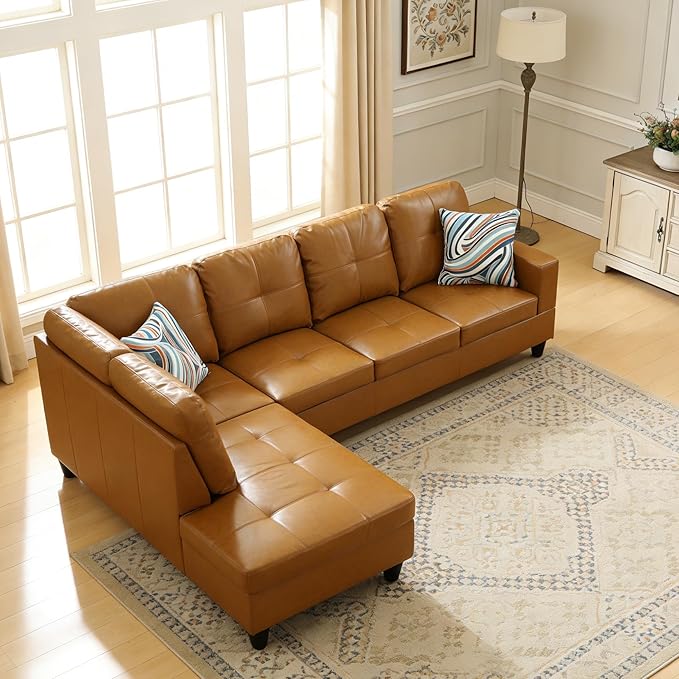 103.5 Inch Modern L-Shaped Couch, PU Leather Sectional Sofa with Chaise Lounge, 4-Seater Couch with Accent Pillows for Living Room, Apartment, Turmeric