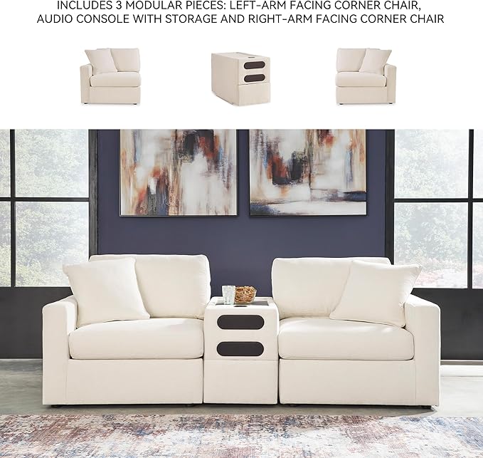 Signature Design by Ashley Modmax Coastal Modular Stain Resistant 3-Piece Sectional with Audio Console, Drawer, USB Ports and 2 Accent Pillows, Beige