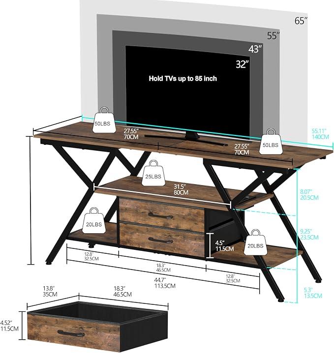 Simoretus TV Stand with Power Outlet and LED Lights, Fits TVs up to 65”, 2 Fabric Drawers Entertainment Center with Open Storage Shelves, Media Console for Living Room, Bedroom (Rustic Brown) - Image 5