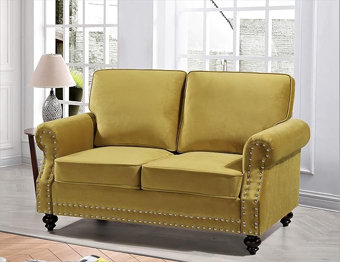 Lotus Mid Century Modern Velvet Upholstered Living Room Rolled Arms, Chair, Loveseat and Sofa, Strong Yellow