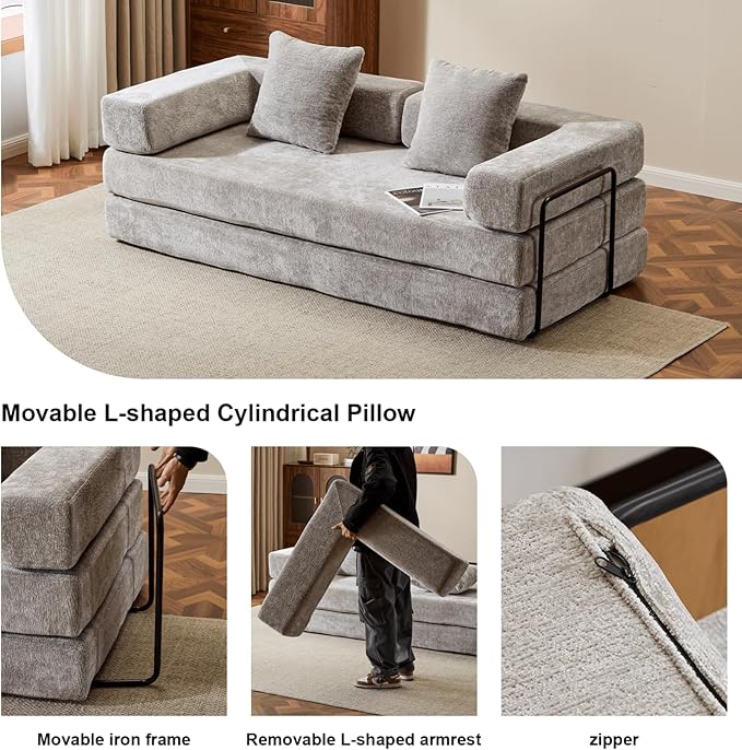 4-in-1 Folding Convertible Sofa Bed, 77" Floor Couch with Pillow - Chenille Fabric & High-Density Sponge & Fixed-Shape Frame, Modular Sofa for Living Room/Lounge/Studio, Light Grey