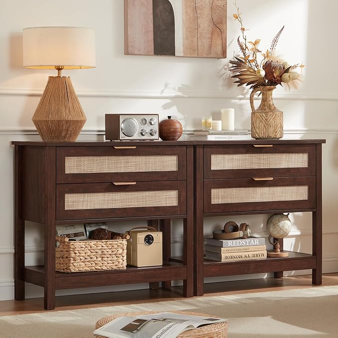LEYAOYAO 31.5" Wide Rattan Night Stand, Large Boho Nightstand, Bedside Table with Storage, Tall Bed Side End Tables, Chest of Drawers for Bedroom, Living Room, Hallway（Walnut,2 Drawers,2） by LEYAOYAO-Findtheshiningpointofyourideallife%EF%BC%81