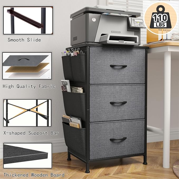 Tall Nightstand, Night Stand with Drawers for Bedroom, Bedside Table with Wooden Top, Sturdy Steel Frame End Table, Dorm Nightstand for Bedroom, Entryway, Hallway, Closet, Cloth Bags, Hooks, Grey - Image 5