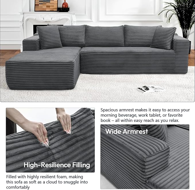 Cloud Sectional Couch, 105" Modular Sectional Sofa with Right Chaise Lounge, Modern Modular L-Shape Sofa with Pillows & Deep Seat, Boneless Couches for Living Room Bedroom, Dark Grey
