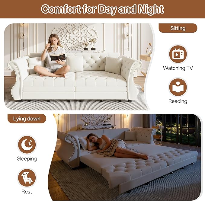Eafurn Oversized 4-Seater Chesterfield Loveseat Convertible King Size Sleeper Couch Bed,Classic Tufted Velvet Pull Out Loveseat Sofa Bed with Roll Armrest and Solid Wood Legs