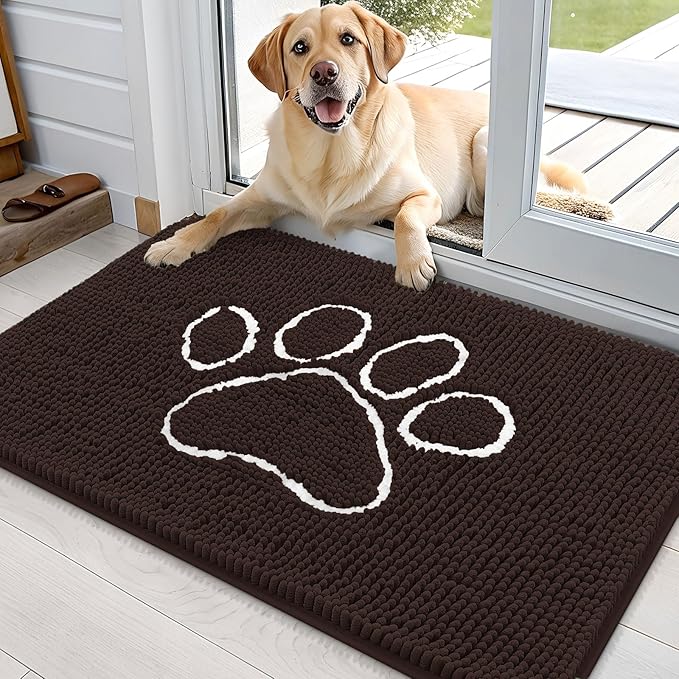 OLANLY Dog Door Mat for Muddy Paws 35x24, Paw Print Design, Absorbs Moisture and Dirt, Absorbent Non-Slip Washable Doormat, Quick Dry Chenille Mud Mat for Dogs, Entry Indoor Entryway Carpet, Brown by OLANLY