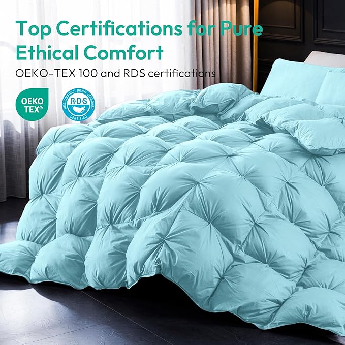 Three Geese Pinch Pleat Waterfowl Feathers and Down Comforter King Size Duvet Insert,750+ Fill Power,1200TC 100% Cotton, Premium All Seasons Aqua-Sky Warm Hotel Comforter with 8 Tabs.