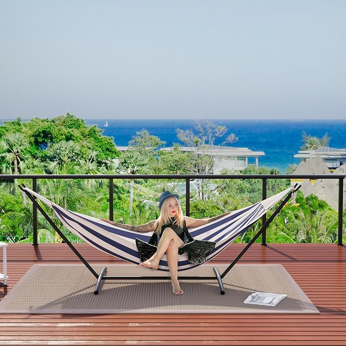 Double Hammock with Steel Stand - 2 Person Hammock Bed Indoor Outdoor, Brazilian-Style, with Carry Bag, 450lb Capacity, Portable & Easy Assembly, Blue&White - Image 7