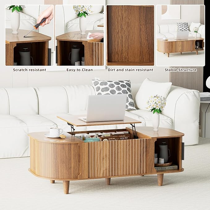 Lift Top Coffee Table, Oval Mid Century Modern Center Table with 3 Hidden Storage, 41" Coffee Tables with Sliding Door and Open Cabinet for Living Room Bedroom Office, Walnut Wood