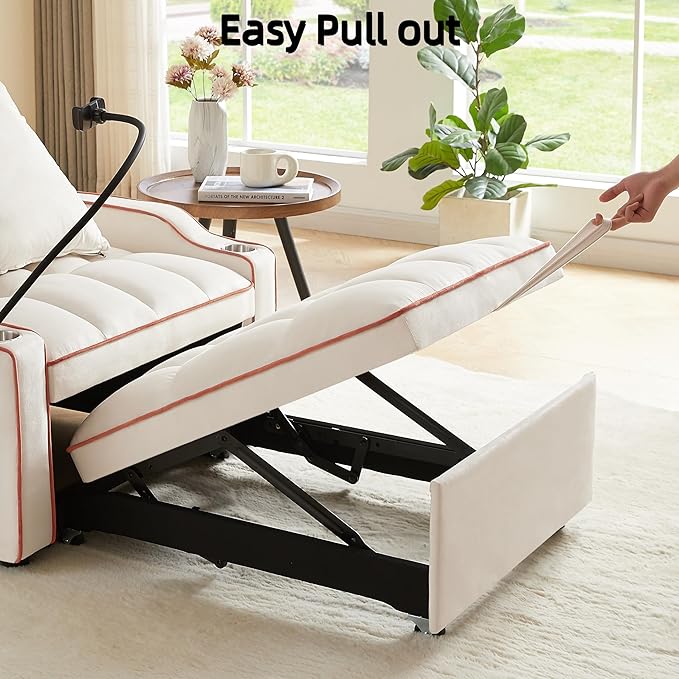 3 in 1 Convertible Sleeper Sofa Bed with Phone Holder, 35'' Pull Out Sofa Bed Recliner with Adjustable Backrest, Velvet Fabric Sleeper Couch Single Modern Chair for Small Space & RV, Beige
