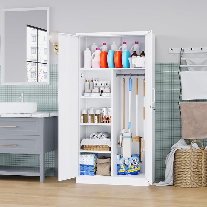 Metal Armoire Wardrobe Closet,72" Metal Storage Cabinet with Lock, 18" D x 36" W Broom Closet with Adjustable Shelves and Hanging Rods, Steel Wardrobe for Home,Bedroom,Office,Employee