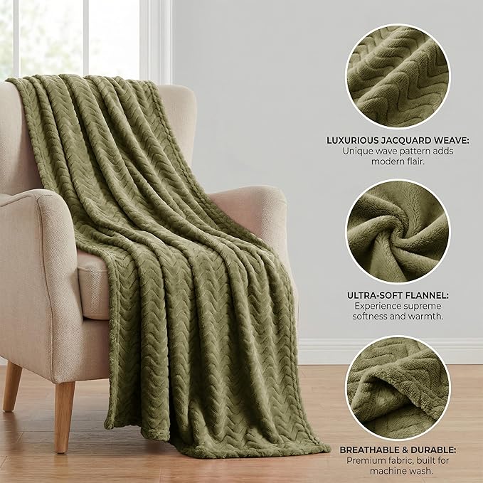 Exclusivo Mezcla Twin Blanket for Bed, Cozy Lightweight Fleece Blankets for All Season, Decorative Giftable Fuzzy Plush Wave Textured Suitable for Women, Men, Olive Green, 90x66 Inches