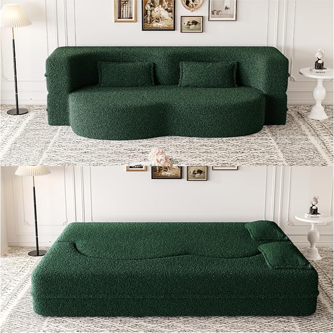 Ball & Cast 78" Floor Sofa Bed with 2 Pillows,Convertible Teddy Fabric Foam-Filled Sleeper Sofa Bed,Pull Out Couch Full Size Folding Mattress for Living Room,Playroom,No Assembly Required,Green