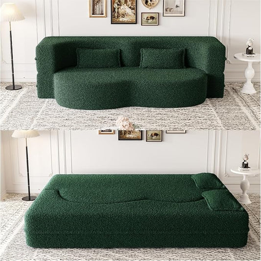 Ball & Cast 78" Floor Sofa Bed with 2 Pillows,Convertible Teddy Fabric Foam-Filled Sleeper Sofa Bed,Pull Out Couch Full Size Folding Mattress for Living Room,Playroom,No Assembly Required,Green